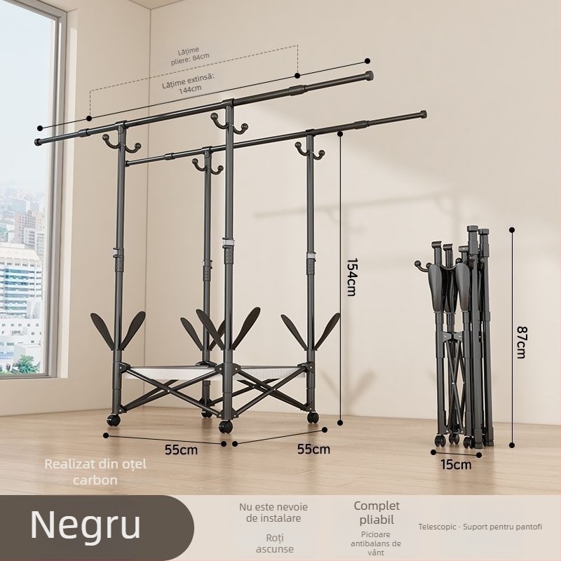 Uscător de haine pe podea, telescopic, mobil și pliabil, din oțel inoxidabil, pentru balcon, casă sau cămin, model 7845756785