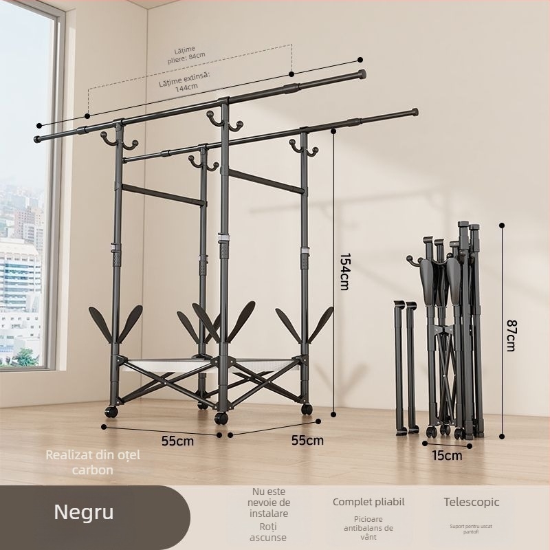 Uscător de haine pe podea, telescopic, mobil și pliabil, din oțel inoxidabil, pentru balcon, casă sau cămin, model 7845756785