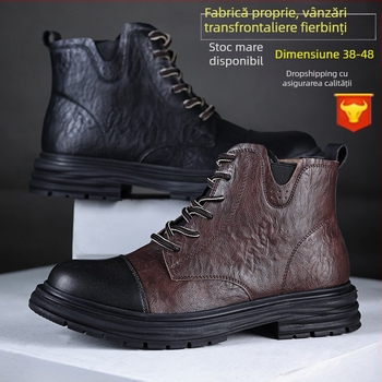 Ghete Martin pentru bărbați, stil britanic, talpă groasă (partea superioară PU, talpă din cauciuc, vârf rotund, înălțime toc 3-5 cm, fermoar lateral)