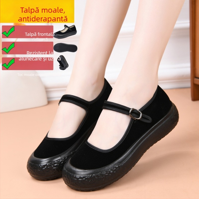 Pantofi de femei din textile - partea superioară respirabilă, talpă din plastic injectat, vârf rotund, toc plat, branț din textile