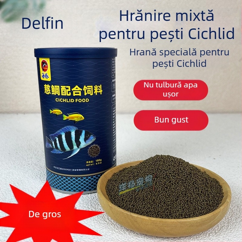 Hrană pentru ciclide cu pelete, brand Dolphin — hrană pentru pești de acvariu, 180 g (Brand: Dolphin; Tip: Pellet; Țintă: Ciclide; Importat: Nu)