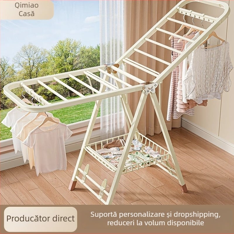 Stativ de uscat haine pe podea – două coloane, oțel carbon îngroșat, pliabil, mobil, pentru balcon interior/exterior, model 7945