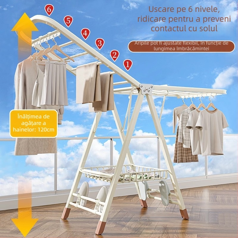 Stativ de uscat haine pe podea – două coloane, oțel carbon îngroșat, pliabil, mobil, pentru balcon interior/exterior, model 7945