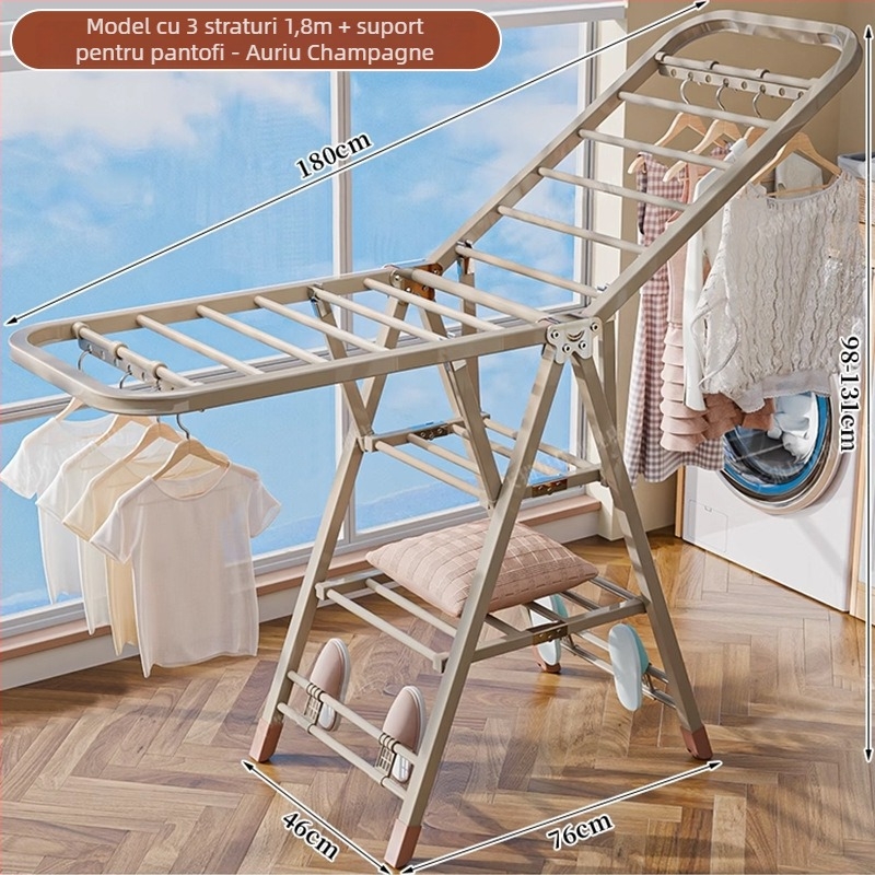 Stativ de uscat haine pe podea – două coloane, oțel carbon îngroșat, pliabil, mobil, pentru balcon interior/exterior, model 7945