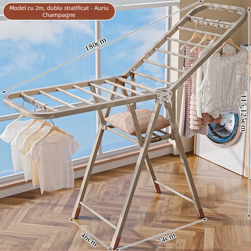 Stativ de uscat haine pe podea – două coloane, oțel carbon îngroșat, pliabil, mobil, pentru balcon interior/exterior, model 7945