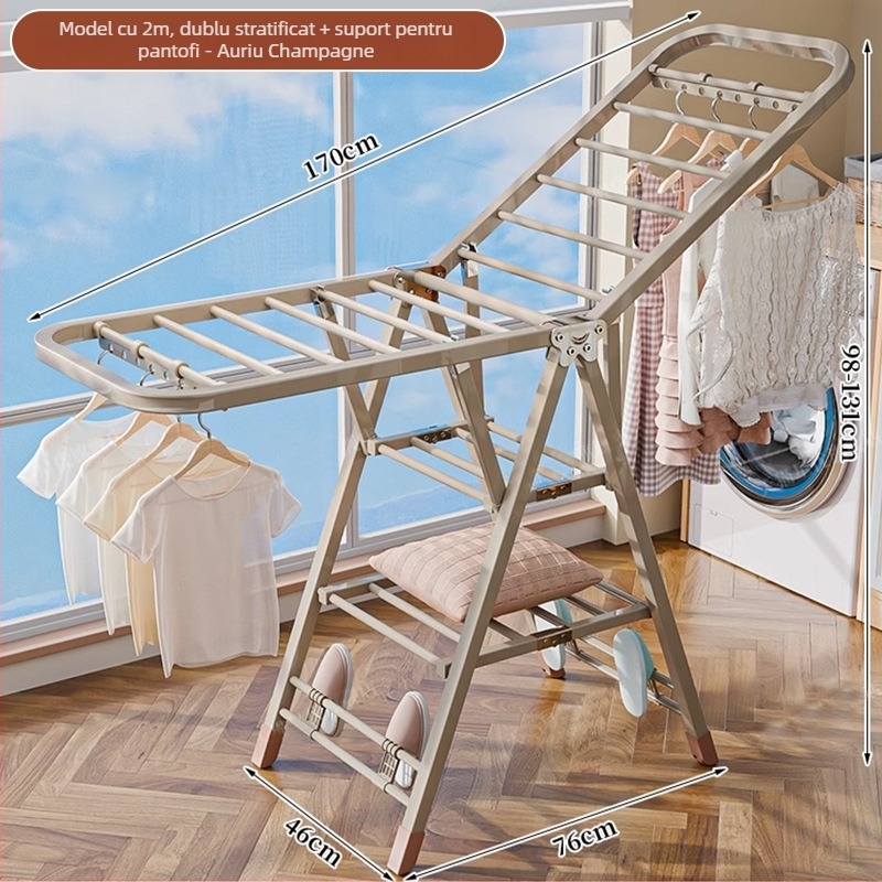 Stativ de uscat haine pe podea – două coloane, oțel carbon îngroșat, pliabil, mobil, pentru balcon interior/exterior, model 7945