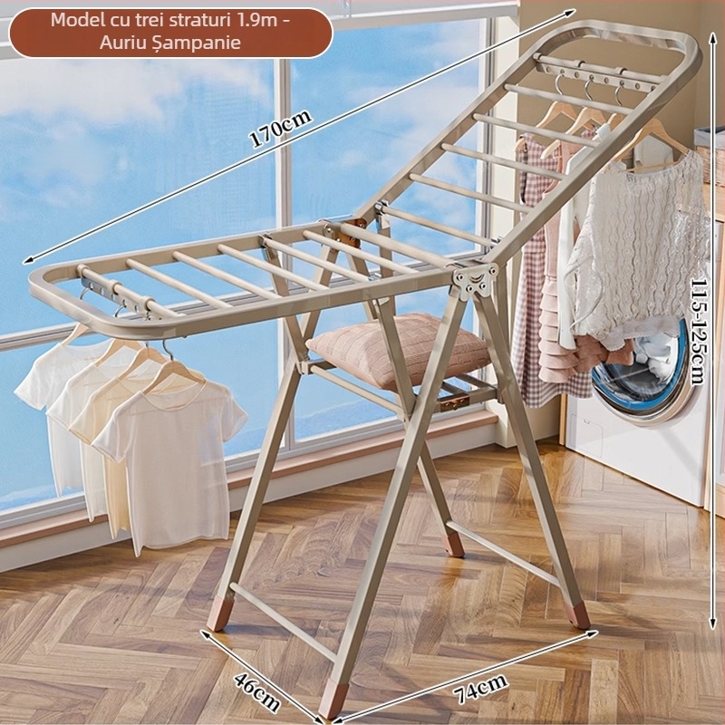 Stativ de uscat haine pe podea – două coloane, oțel carbon îngroșat, pliabil, mobil, pentru balcon interior/exterior, model 7945
