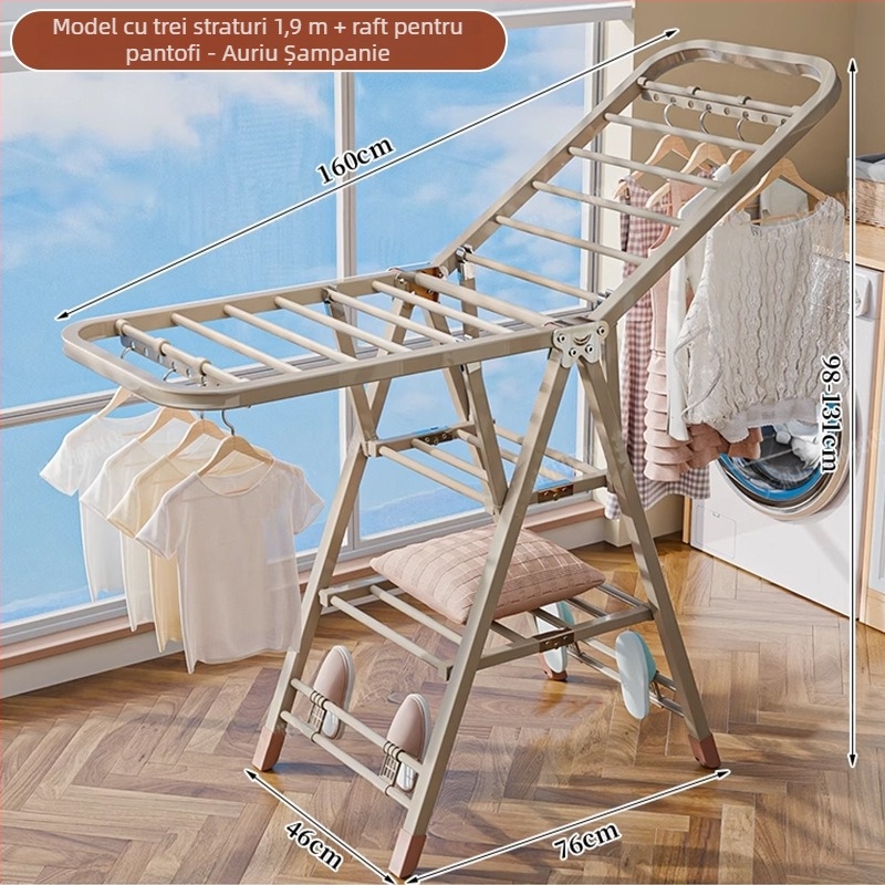 Stativ de uscat haine pe podea – două coloane, oțel carbon îngroșat, pliabil, mobil, pentru balcon interior/exterior, model 7945