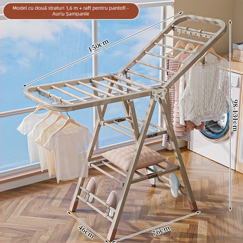 Stativ de uscat haine pe podea – două coloane, oțel carbon îngroșat, pliabil, mobil, pentru balcon interior/exterior, model 7945