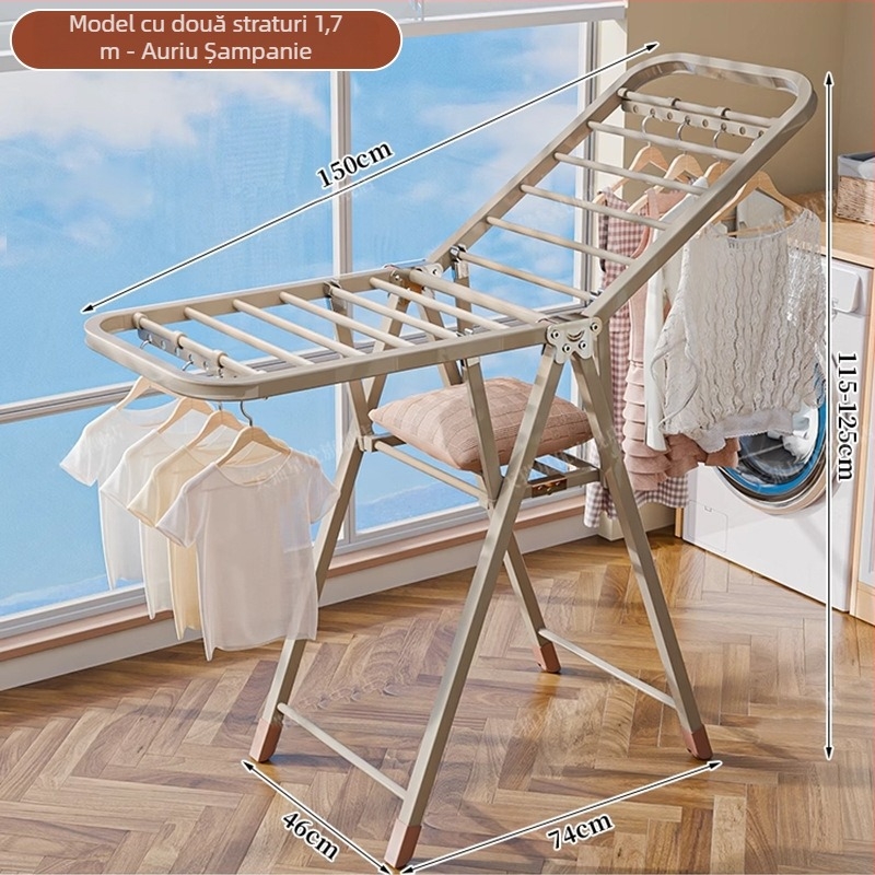 Stativ de uscat haine pe podea – două coloane, oțel carbon îngroșat, pliabil, mobil, pentru balcon interior/exterior, model 7945