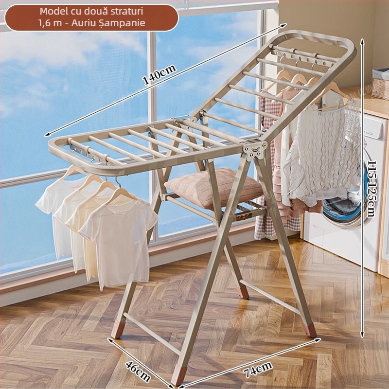 Stativ de uscat haine pe podea – două coloane, oțel carbon îngroșat, pliabil, mobil, pentru balcon interior/exterior, model 7945