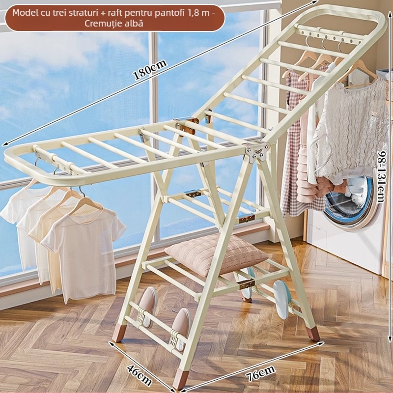 Stativ de uscat haine pe podea – două coloane, oțel carbon îngroșat, pliabil, mobil, pentru balcon interior/exterior, model 7945