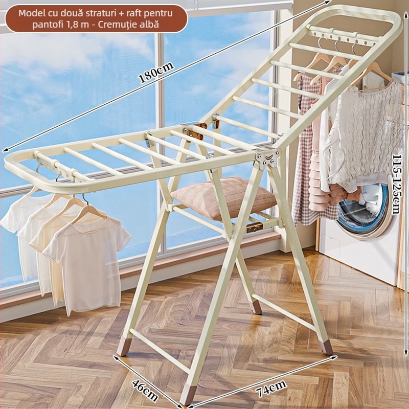 Stativ de uscat haine pe podea – două coloane, oțel carbon îngroșat, pliabil, mobil, pentru balcon interior/exterior, model 7945