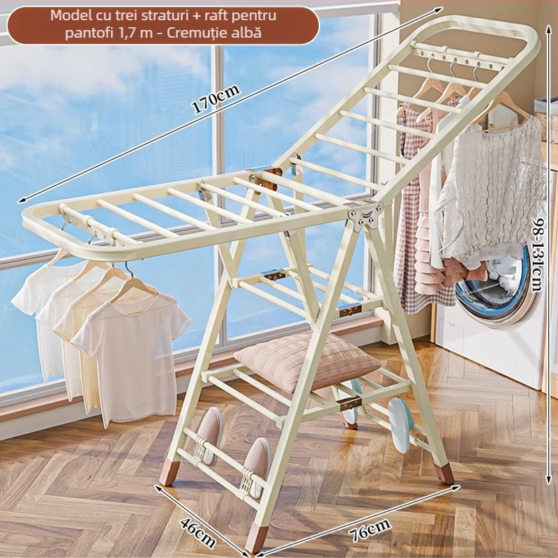 Stativ de uscat haine pe podea – două coloane, oțel carbon îngroșat, pliabil, mobil, pentru balcon interior/exterior, model 7945