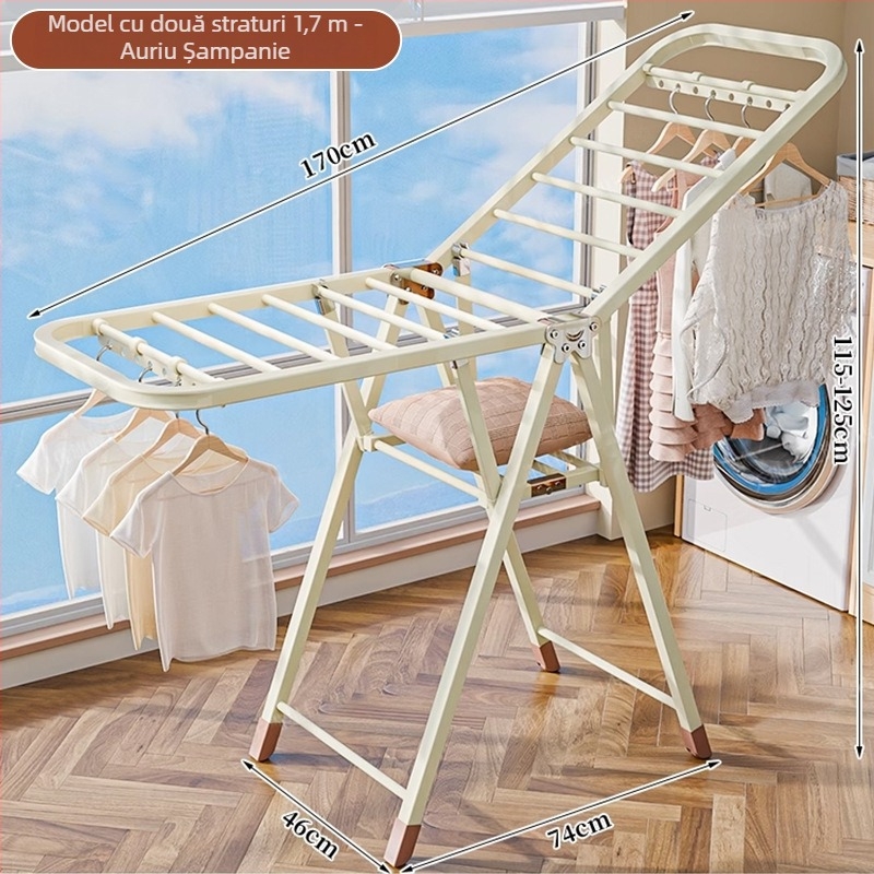 Stativ de uscat haine pe podea – două coloane, oțel carbon îngroșat, pliabil, mobil, pentru balcon interior/exterior, model 7945