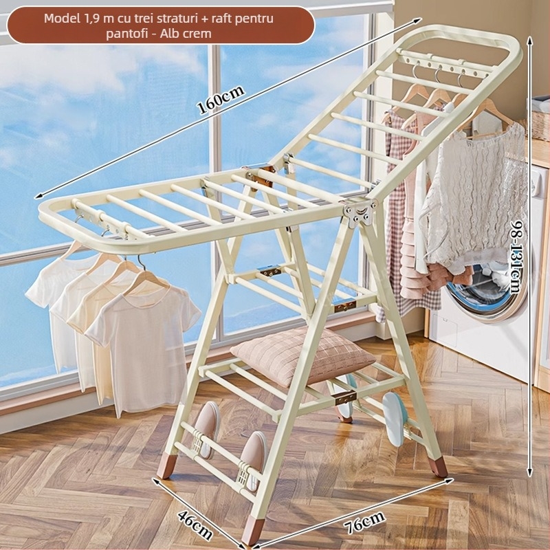 Stativ de uscat haine pe podea – două coloane, oțel carbon îngroșat, pliabil, mobil, pentru balcon interior/exterior, model 7945