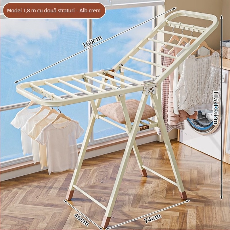 Stativ de uscat haine pe podea – două coloane, oțel carbon îngroșat, pliabil, mobil, pentru balcon interior/exterior, model 7945
