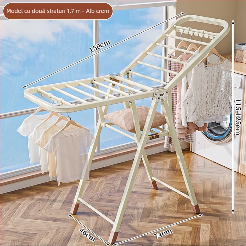 Stativ de uscat haine pe podea – două coloane, oțel carbon îngroșat, pliabil, mobil, pentru balcon interior/exterior, model 7945
