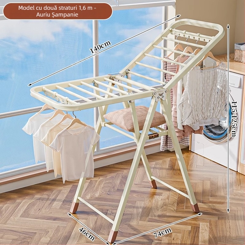 Stativ de uscat haine pe podea – două coloane, oțel carbon îngroșat, pliabil, mobil, pentru balcon interior/exterior, model 7945