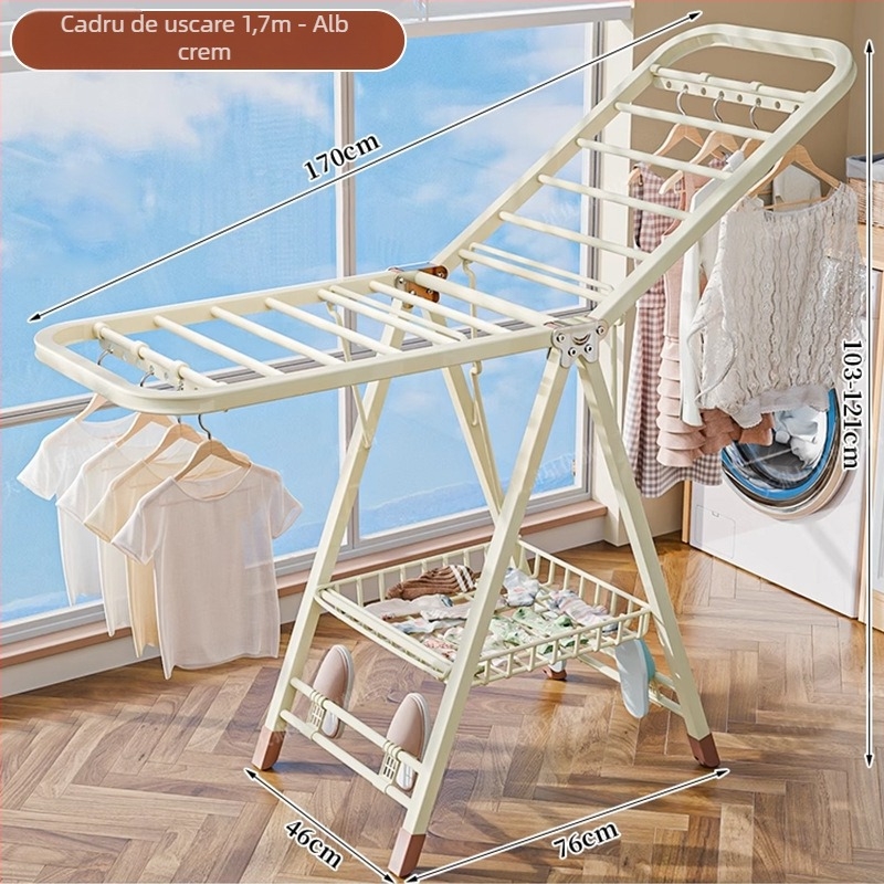 Stativ de uscat haine pe podea – două coloane, oțel carbon îngroșat, pliabil, mobil, pentru balcon interior/exterior, model 7945