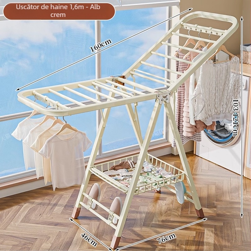 Stativ de uscat haine pe podea – două coloane, oțel carbon îngroșat, pliabil, mobil, pentru balcon interior/exterior, model 7945
