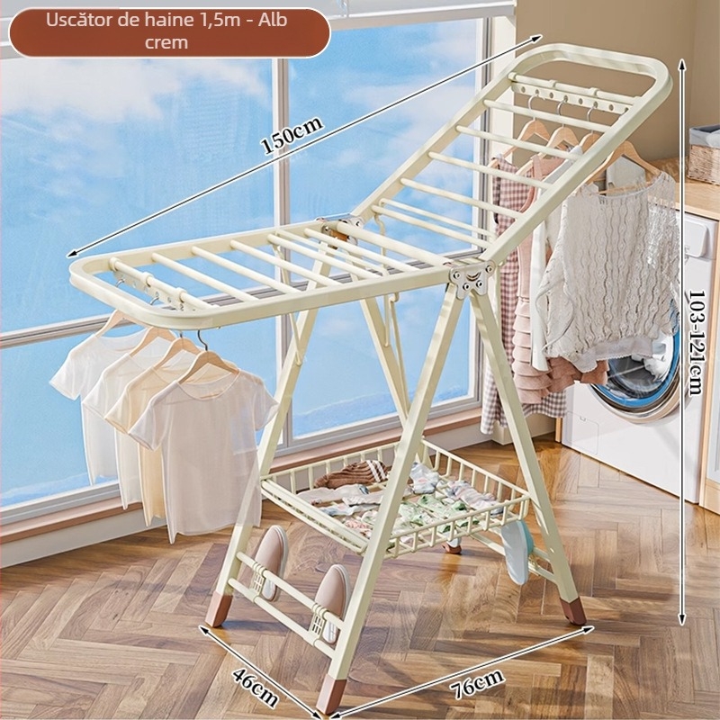 Stativ de uscat haine pe podea – două coloane, oțel carbon îngroșat, pliabil, mobil, pentru balcon interior/exterior, model 7945
