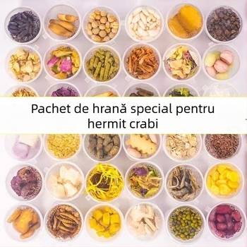 Hrană pentru racii hermit: deshidratată și liofilizată, calciu ridicat, pește și creveți uscați, fulgi de cocos fără zahăr