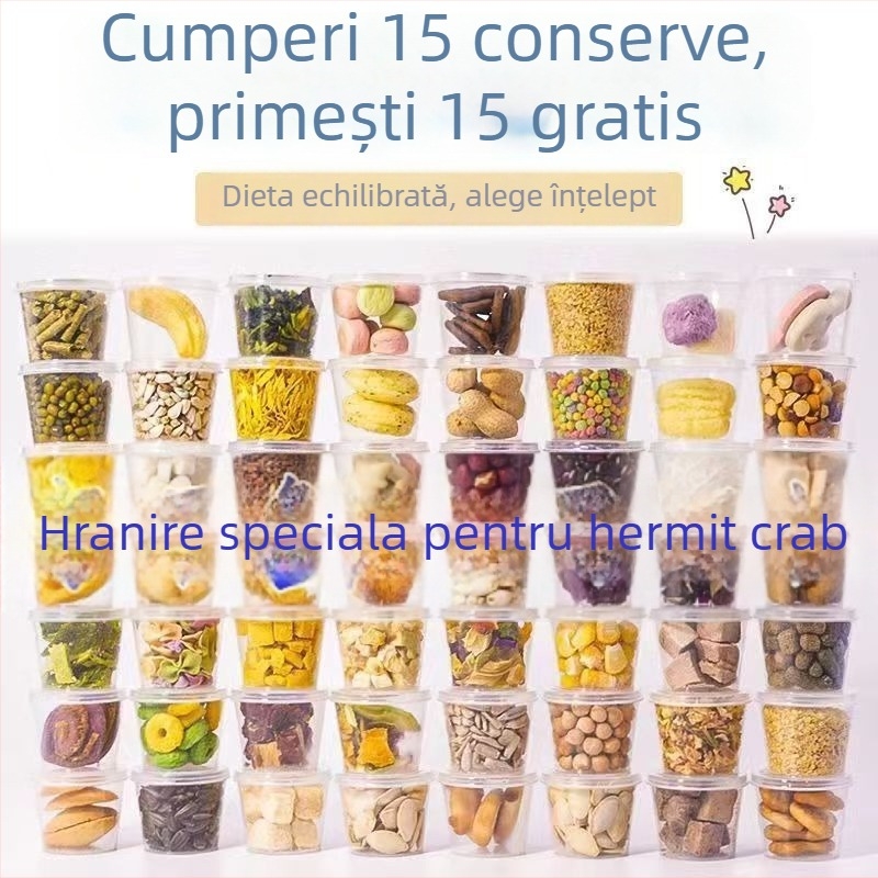 Hrană pentru racii hermit: deshidratată și liofilizată, calciu ridicat, pește și creveți uscați, fulgi de cocos fără zahăr