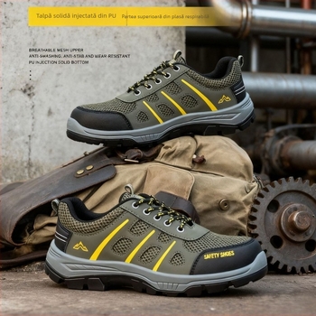 Pantofi de protecție pentru muncă cu protecție la perforare și la lovire; partea superioară din piele microfibră; talpă PU; design joasă; patru sezoane; unisex.