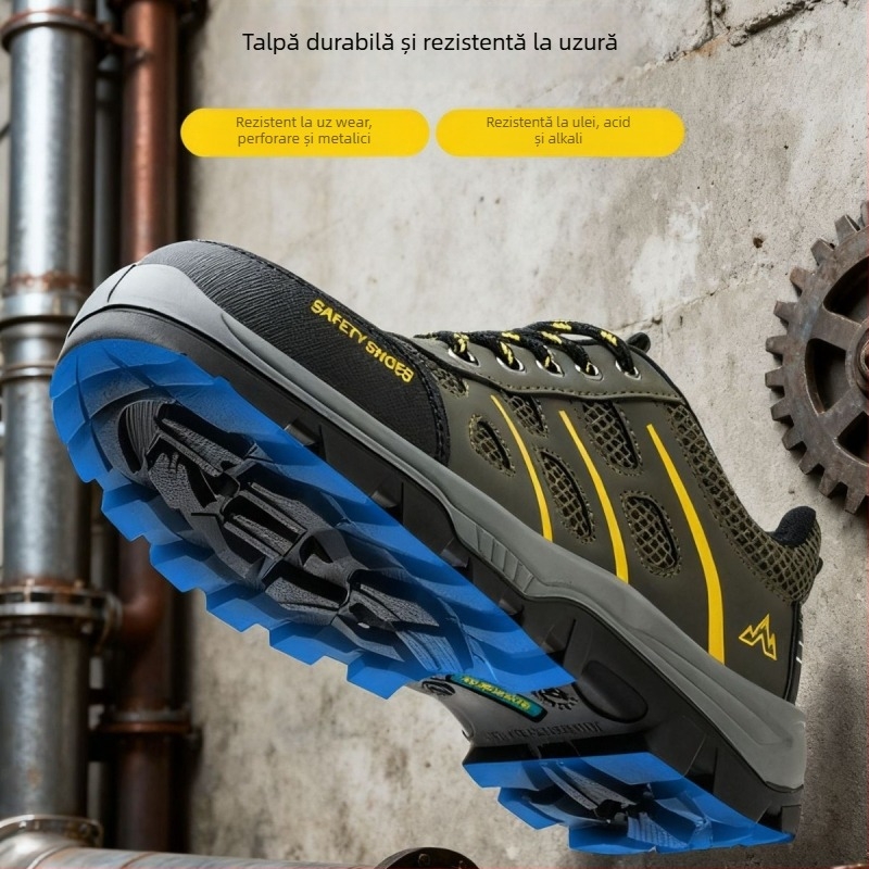 Pantofi de protecție pentru muncă cu protecție la perforare și la lovire; partea superioară din piele microfibră; talpă PU; design joasă; patru sezoane; unisex.