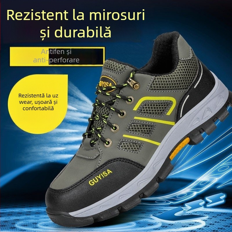 Pantofi de protecție pentru muncă cu protecție la perforare și la lovire; partea superioară din piele microfibră; talpă PU; design joasă; patru sezoane; unisex.