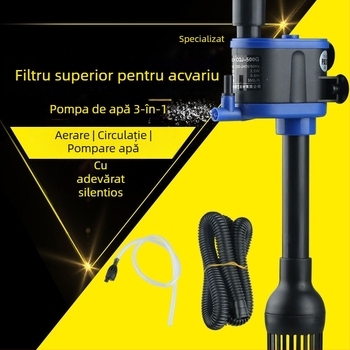 Pompă submersibilă pentru acvariu, trei în unu: filtrare și aerare; corp din plastic; montaj pe perete vertical