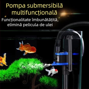 Pompă submersibilă pentru acvariu, trei în unu: filtrare și aerare; corp din plastic; montaj pe perete vertical
