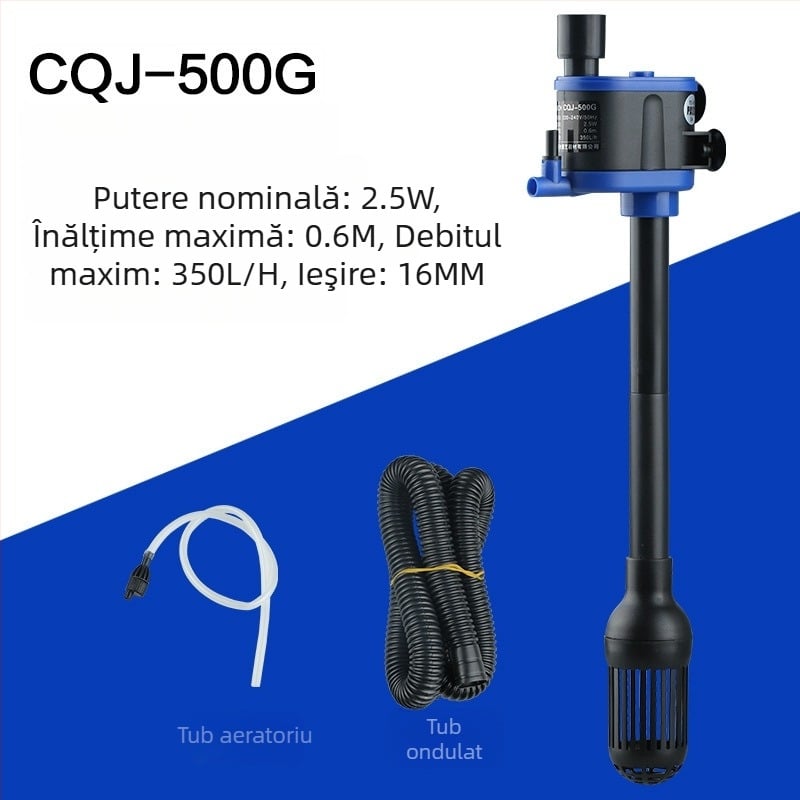 Pompă submersibilă pentru acvariu, trei în unu: filtrare și aerare; corp din plastic; montaj pe perete vertical