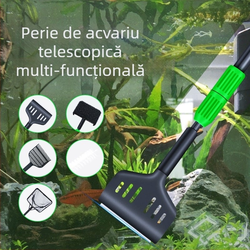 Pet sound instrument de curățare pentru acvariu, 5 în 1, telescopic, mâner lung, perie de curățare, din plastic și tub de fibră de sticlă, greutate 850 g, set de 5 bucăți