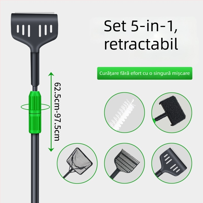 Pet sound instrument de curățare pentru acvariu, 5 în 1, telescopic, mâner lung, perie de curățare, din plastic și tub de fibră de sticlă, greutate 850 g, set de 5 bucăți