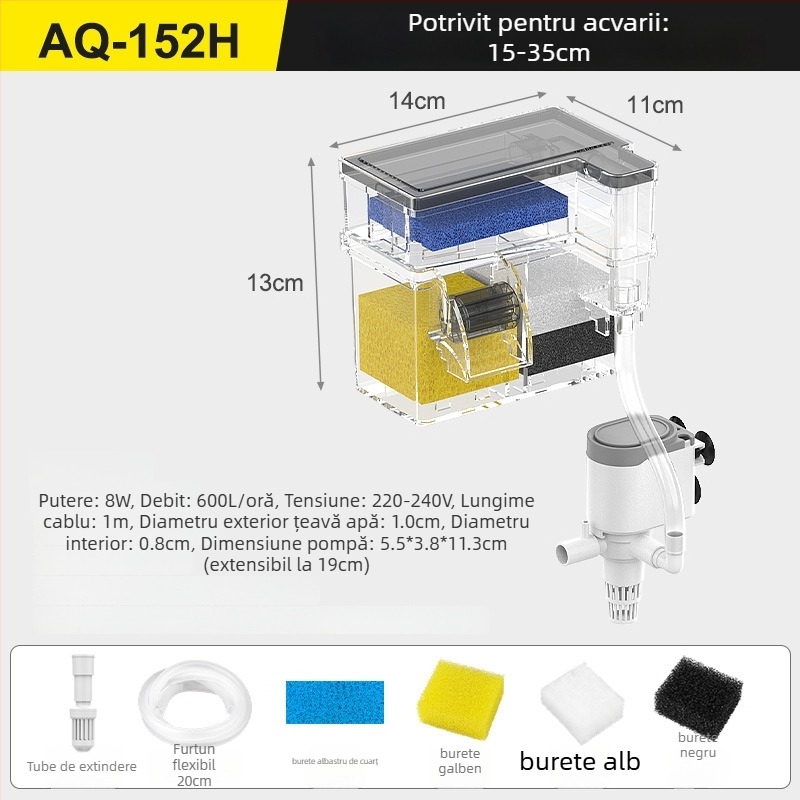 Filtru pentru acvariu montat pe perete, sistem de circulație 3-în-1 pentru oxigenare și purificare a apei, din plastic, Songbao 22222