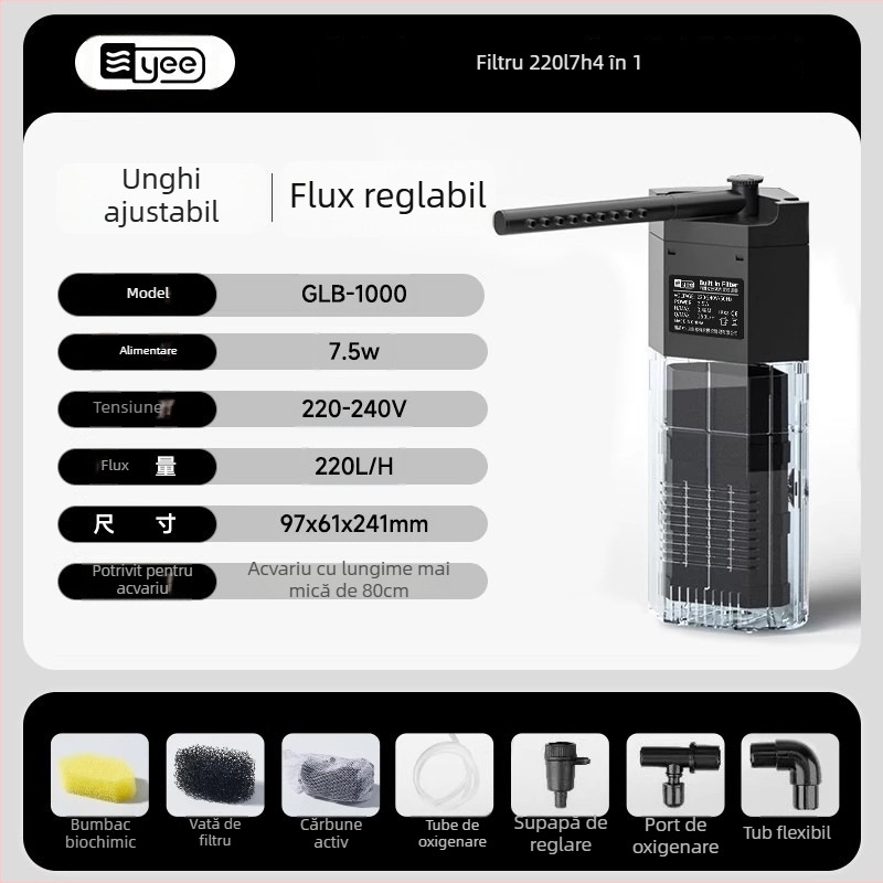 Pompa submersibilă de acvariu, filtrare 3 în 1 și circulație, corp din plastic, filtru din bumbac
