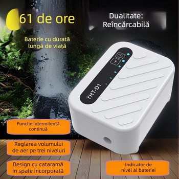 Pompa de oxigen pentru acvariu, funcționare silențioasă, reîncărcabilă, cu dublu scop pentru interior și exterior