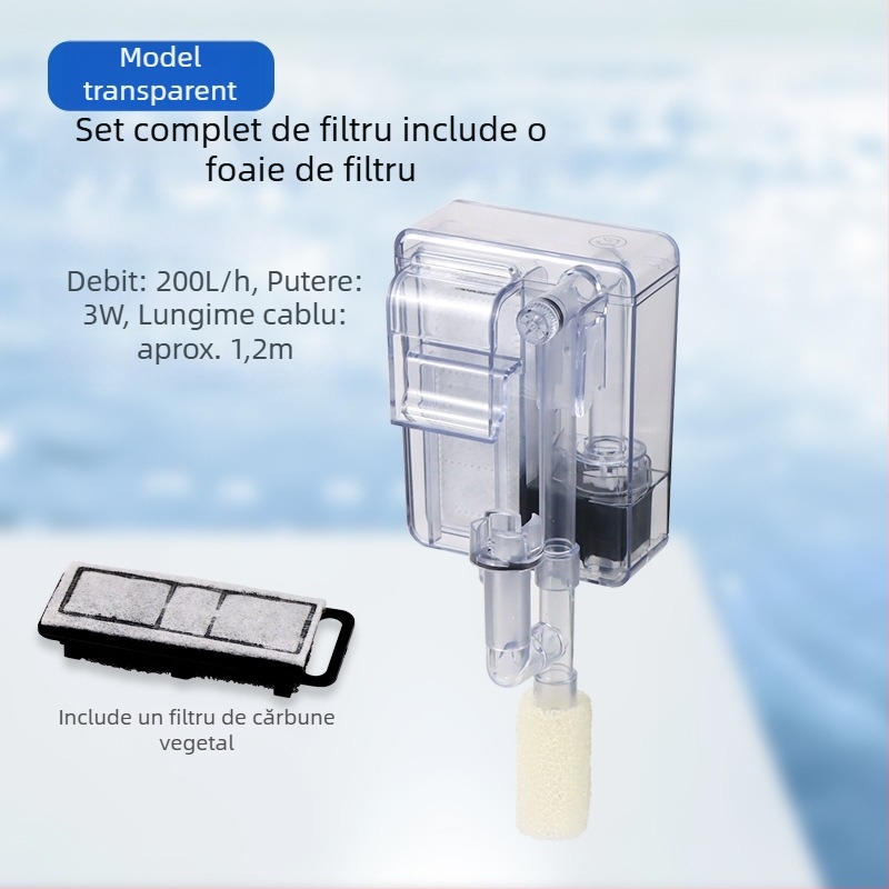 Filtru de acvariu montat pe perete — filtrare 3 în 1, circulația apei și oxigenarea, corp din plastic, material filtrant din bumbac