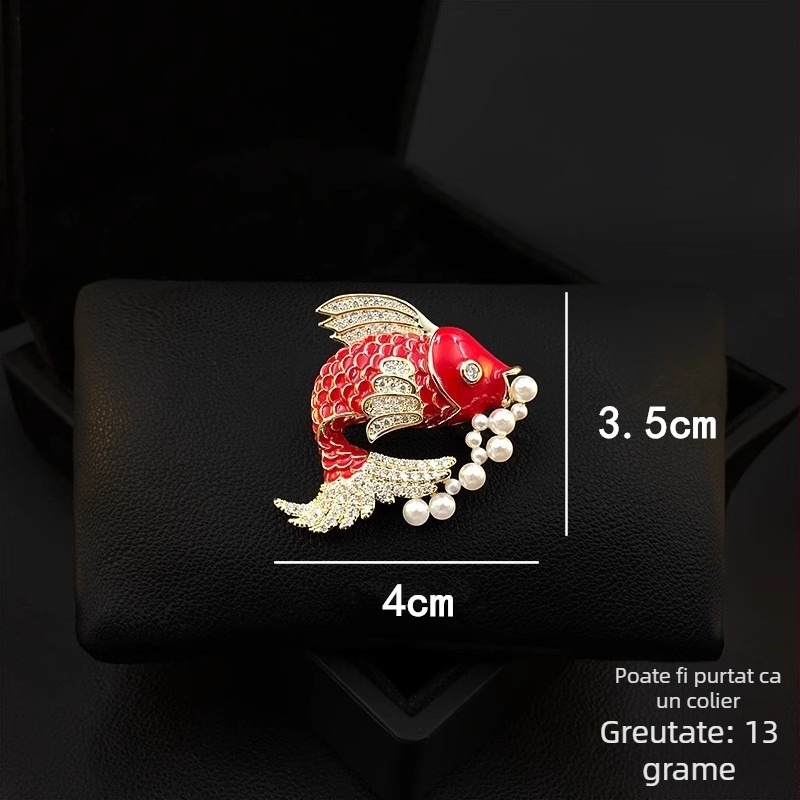 Broșă koi cu perle, din aliaj zincat, placare electrolitică, decorativă