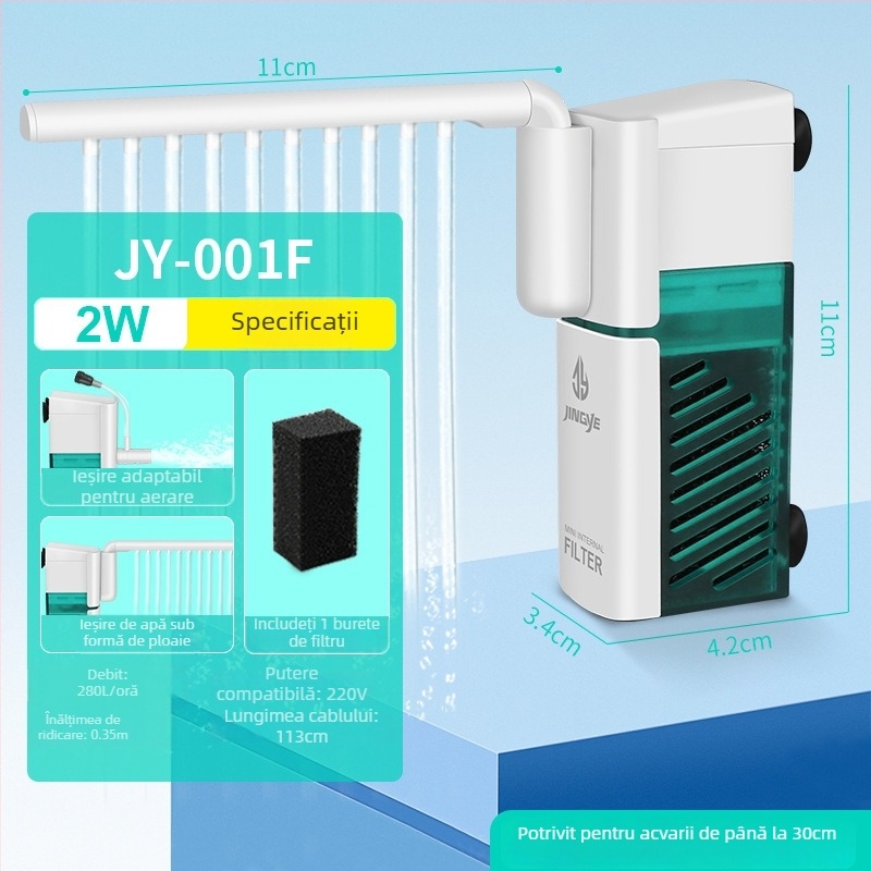 Filtru-pompă pentru acvariu: filtru mic, multifuncțional, cu pompă de circulație încorporată, aerare prin valuri și duș submersibil tip ploaie pentru acvarii mici • Material: plastic • Brand: Kyung ye • Greutate: 173 g