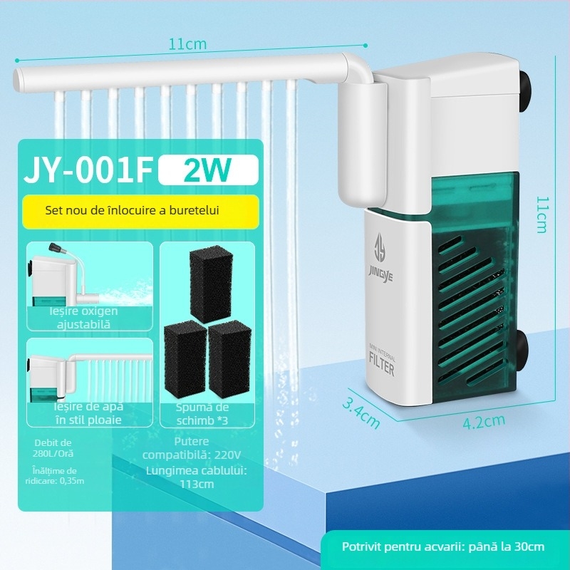 Filtru-pompă pentru acvariu: filtru mic, multifuncțional, cu pompă de circulație încorporată, aerare prin valuri și duș submersibil tip ploaie pentru acvarii mici • Material: plastic • Brand: Kyung ye • Greutate: 173 g