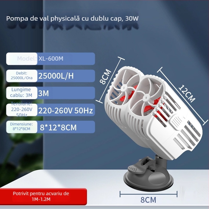 Pompă de valuri cu două capete pentru acvariu, flux 360° silențios, cu ventuze