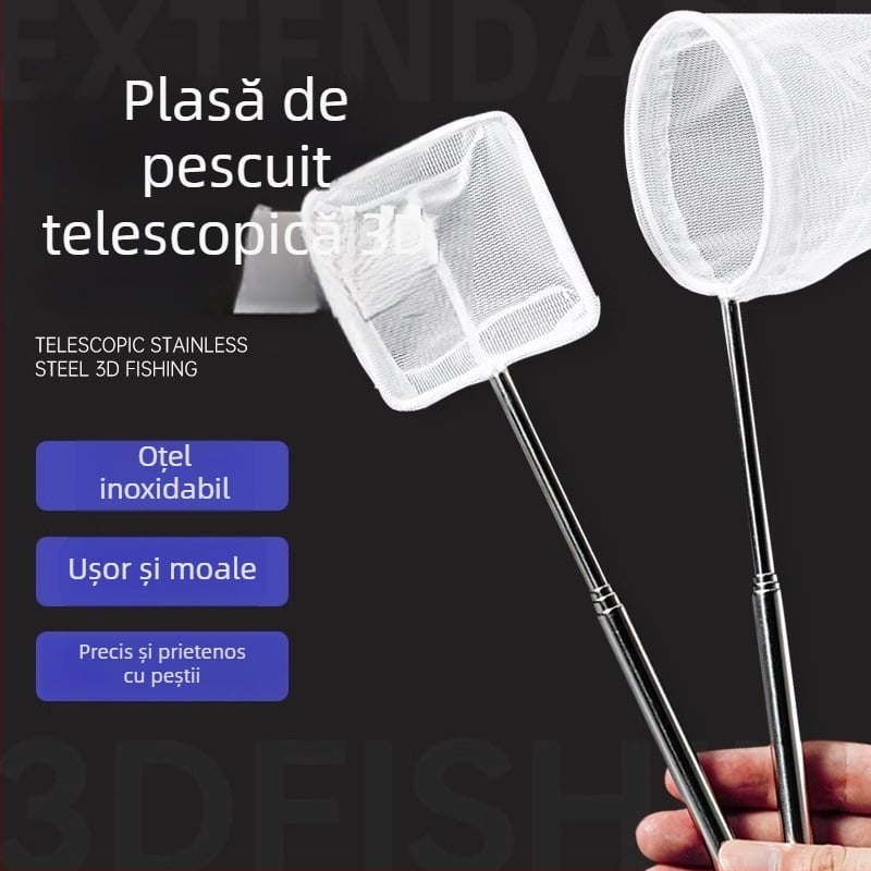 Plasă de pescuit din oțel inoxidabil retractabilă, cu mâner lung, formă rotundă și pătrată (50 g)