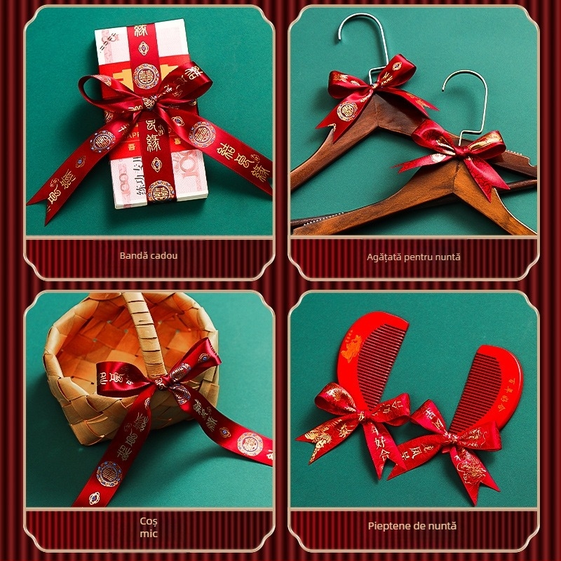 Panglică satinată de nuntă cu motiv de fericire dublă (Poliester; Brand Fei Xun Fei; Categorie: Recuzită pentru decorarea spațiului; Potrivit pentru: Sărbătoare de nuntă)