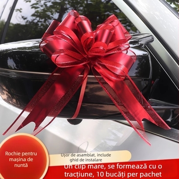 Decorațiune pentru mașina de nuntă — Mare funda pentru mânerele ușilor, panglică și floare de tras (Material: plastic; Destinație: nuntă; Categorie: recuzită pentru decorarea spațiului; Elemente: panglică, floare de tras)