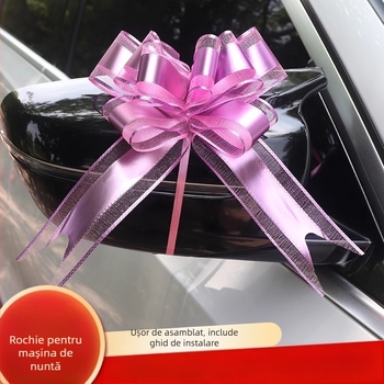 Decorațiune pentru mașina de nuntă — Mare funda pentru mânerele ușilor, panglică și floare de tras (Material: plastic; Destinație: nuntă; Categorie: recuzită pentru decorarea spațiului; Elemente: panglică, floare de tras)