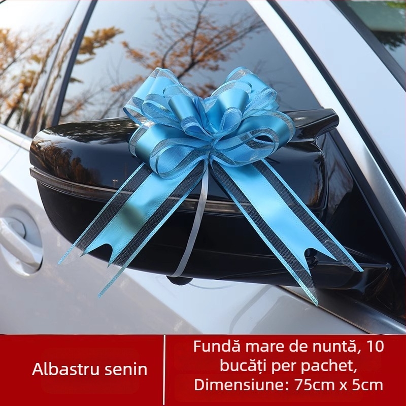 Decorațiune pentru mașina de nuntă — Mare funda pentru mânerele ușilor, panglică și floare de tras (Material: plastic; Destinație: nuntă; Categorie: recuzită pentru decorarea spațiului; Elemente: panglică, floare de tras)