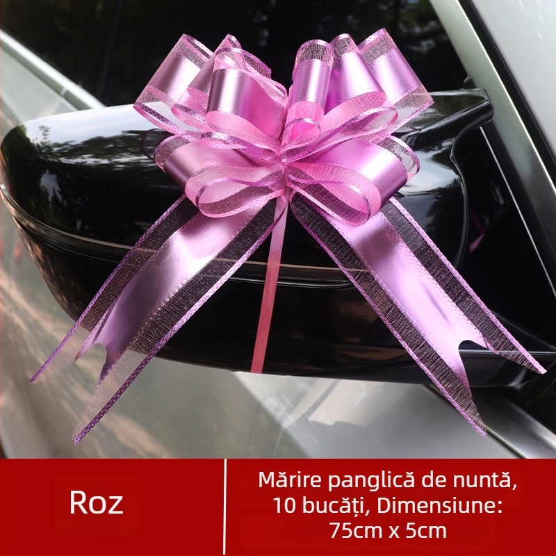Decorațiune pentru mașina de nuntă — Mare funda pentru mânerele ușilor, panglică și floare de tras (Material: plastic; Destinație: nuntă; Categorie: recuzită pentru decorarea spațiului; Elemente: panglică, floare de tras)